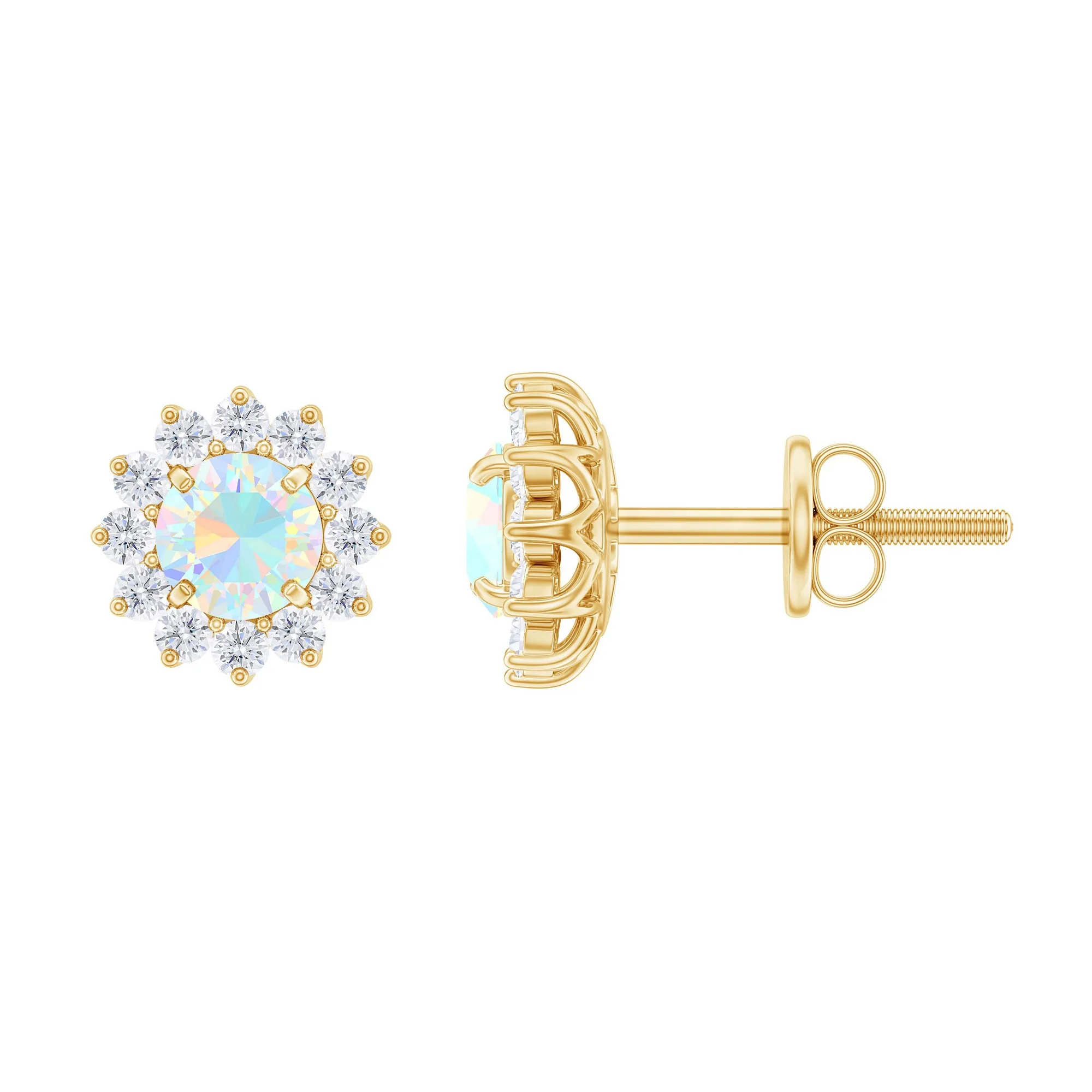 Real Ethiopian Opal Flower Stud Earrings with Diamond Halo