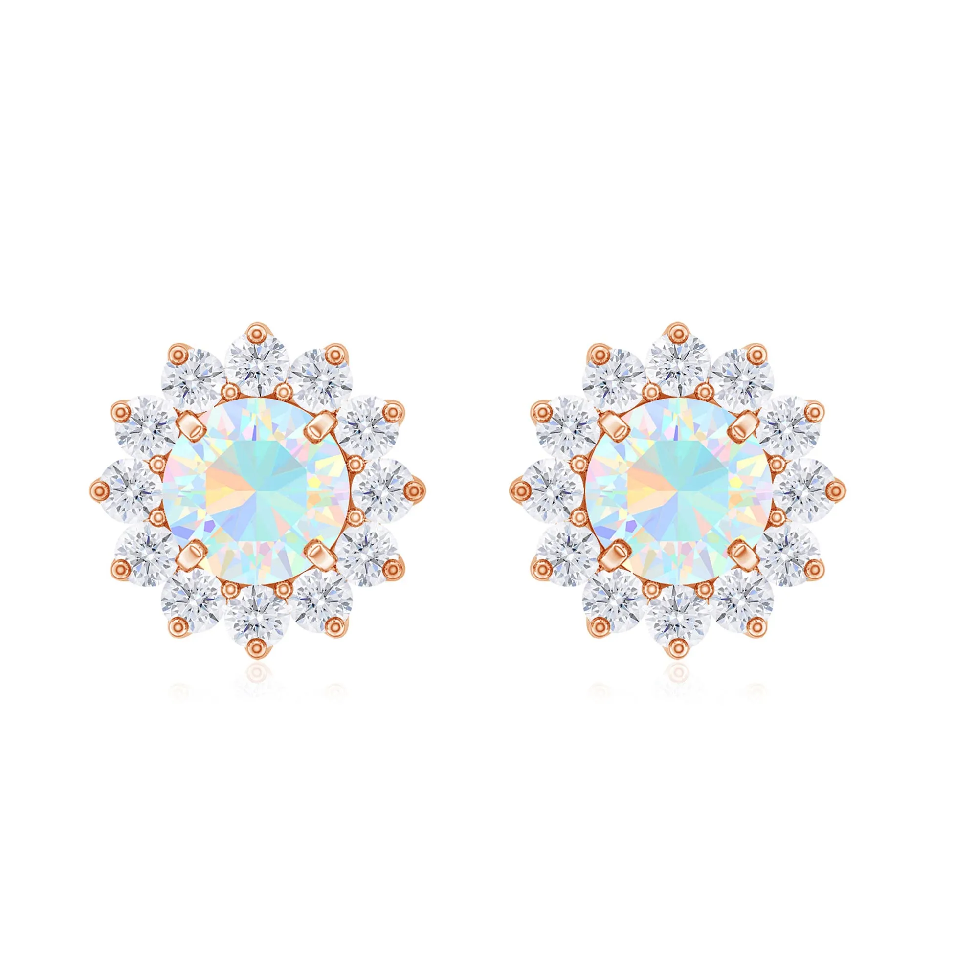 Real Ethiopian Opal Flower Stud Earrings with Diamond Halo