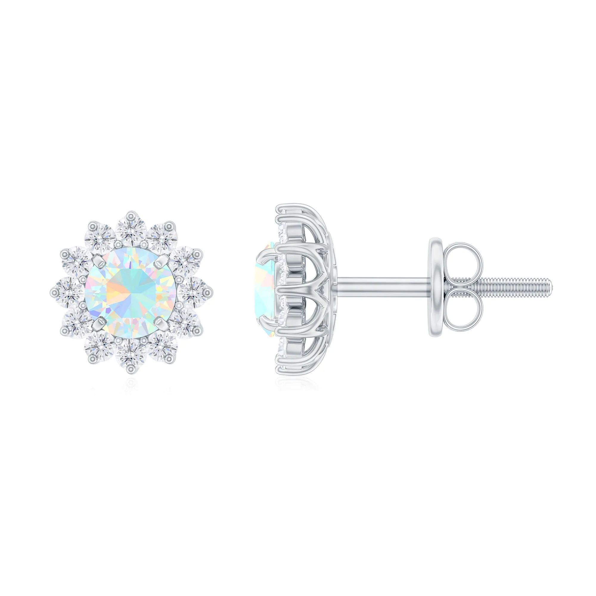 Real Ethiopian Opal Flower Stud Earrings with Diamond Halo