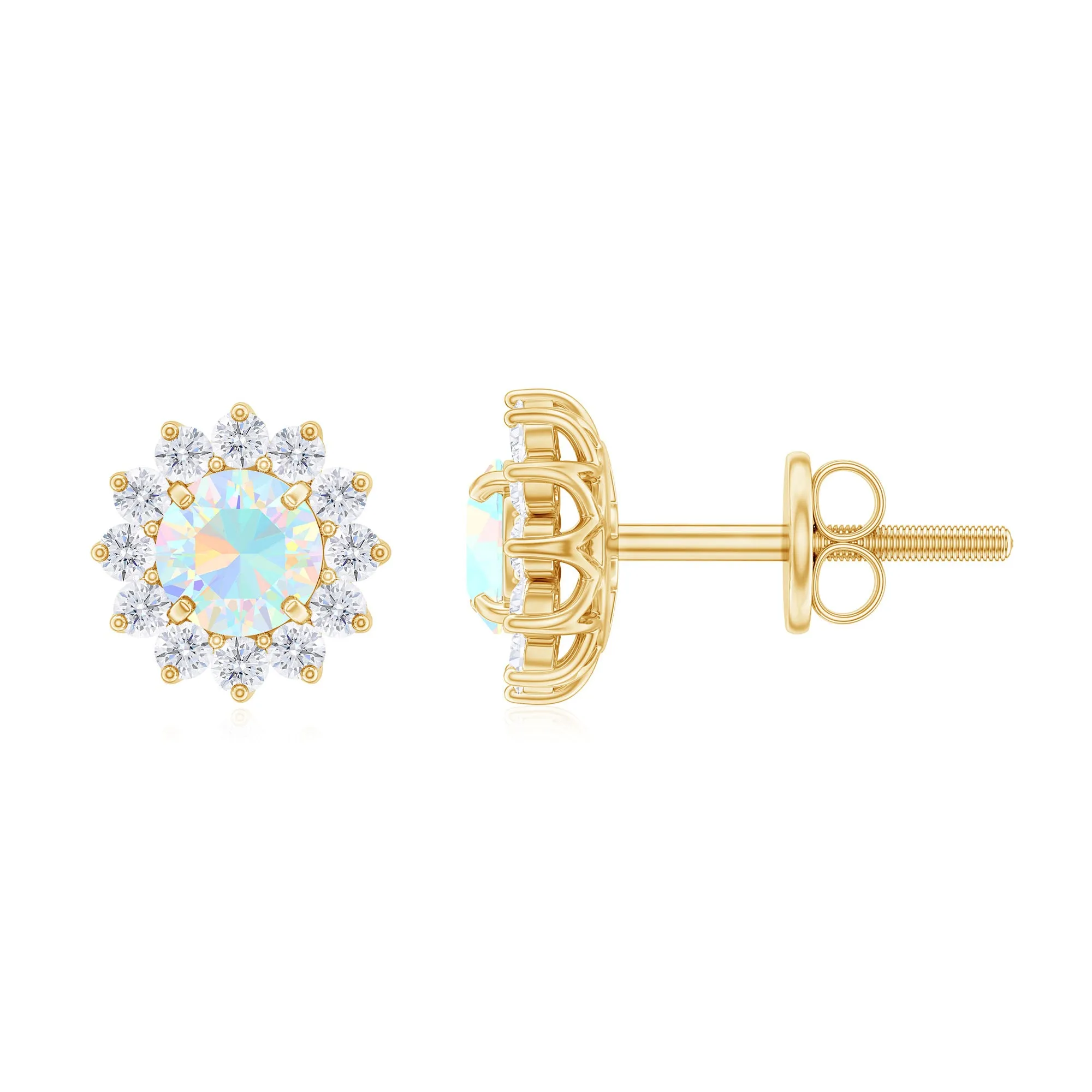 Real Ethiopian Opal Flower Stud Earrings with Diamond Halo