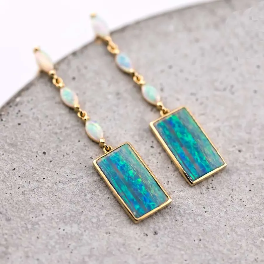 Rectangle Solid Opal & Marquise Opal Drop Earrings 18k Yellow Gold