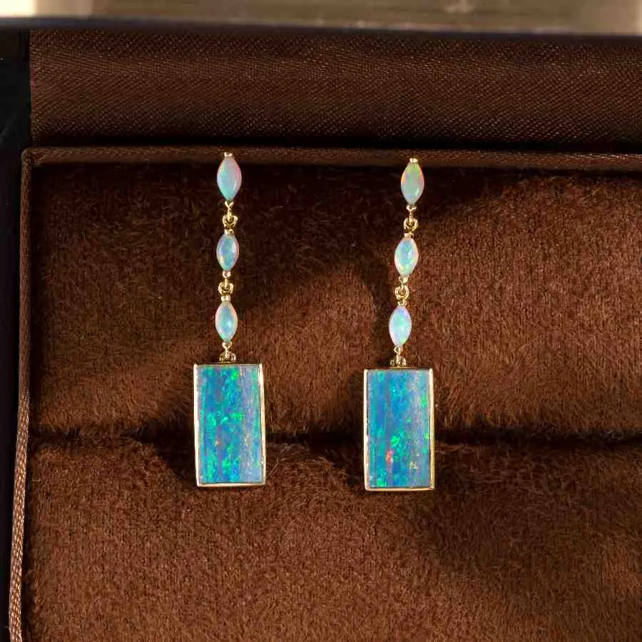 Rectangle Solid Opal & Marquise Opal Drop Earrings 18k Yellow Gold