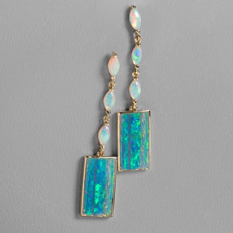 Rectangle Solid Opal & Marquise Opal Drop Earrings 18k Yellow Gold
