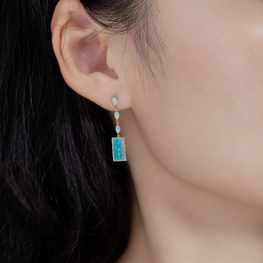 Rectangle Solid Opal & Marquise Opal Drop Earrings 18k Yellow Gold