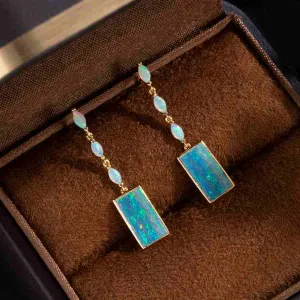 Rectangle Solid Opal & Marquise Opal Drop Earrings 18k Yellow Gold