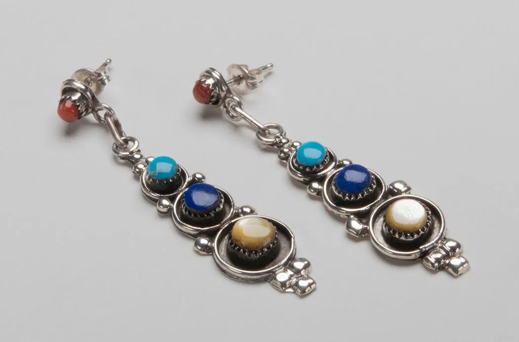 Red Coral, Sleeping Beauty Turquoise, Lapis & Gold Lip Shell Earrings