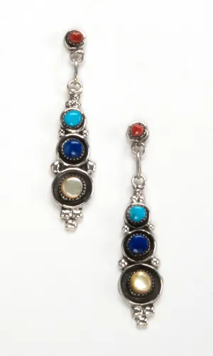 Red Coral, Sleeping Beauty Turquoise, Lapis & Gold Lip Shell Earrings