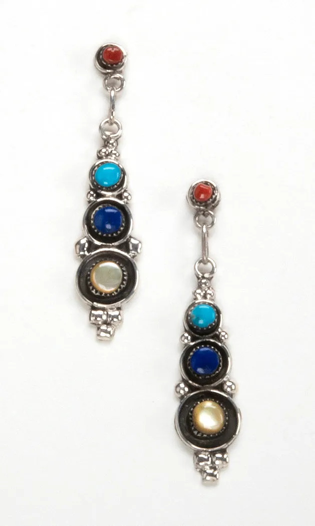 Red Coral, Sleeping Beauty Turquoise, Lapis & Gold Lip Shell Earrings