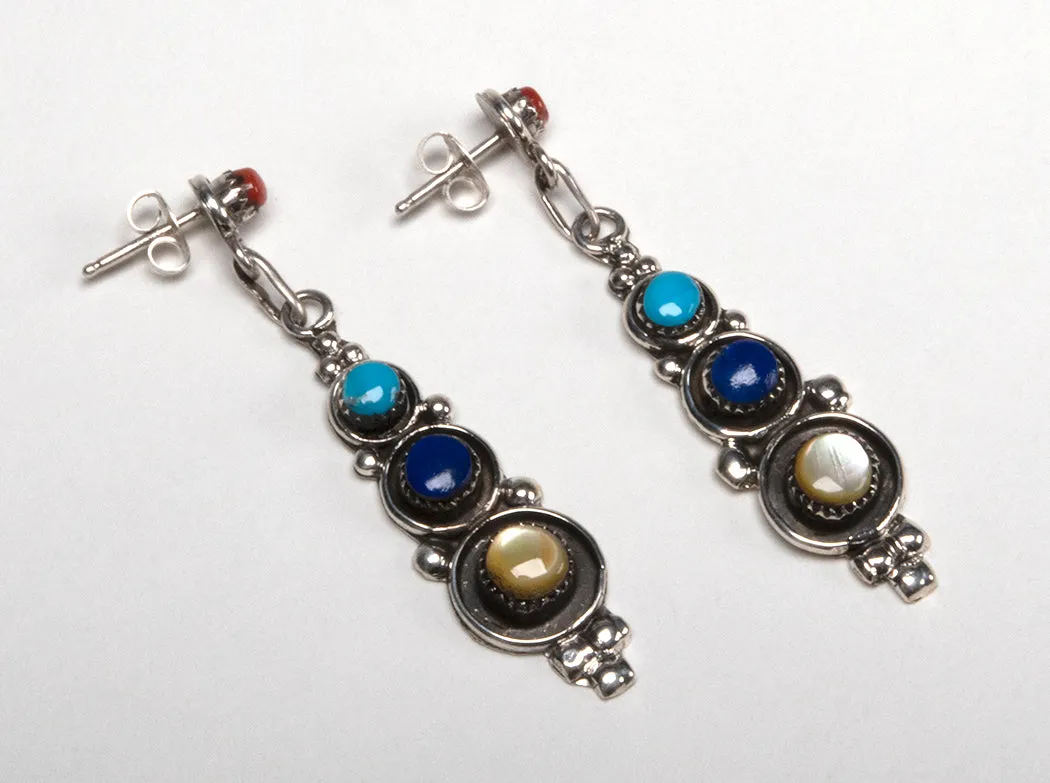 Red Coral, Sleeping Beauty Turquoise, Lapis & Gold Lip Shell Earrings