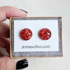 Red Glitter Bubble Stud Earrings - Hypoallergenic Silver Plated Posts