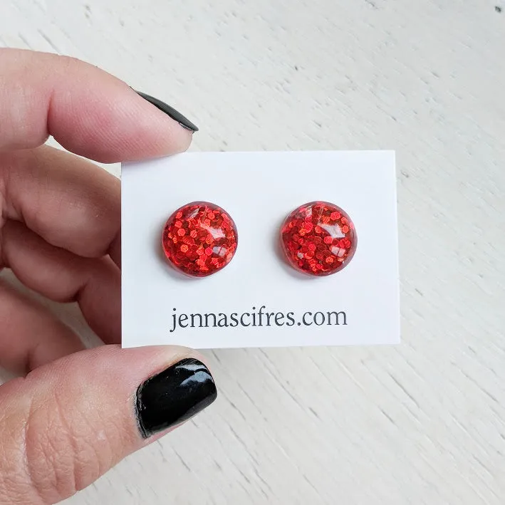 Red Glitter Bubble Stud Earrings - Hypoallergenic Silver Plated Posts