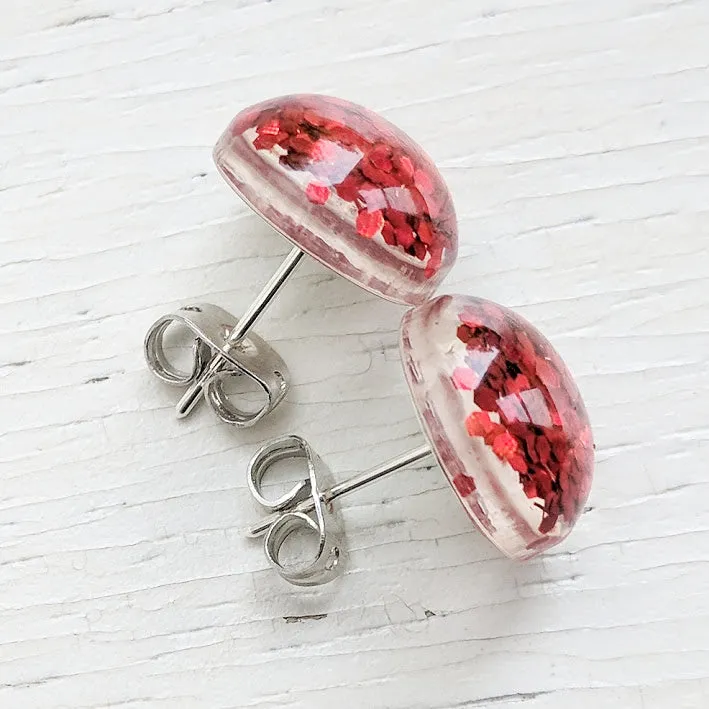 Red Glitter Bubble Stud Earrings - Hypoallergenic Silver Plated Posts