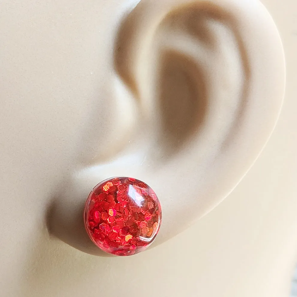 Red Glitter Bubble Stud Earrings - Hypoallergenic Silver Plated Posts