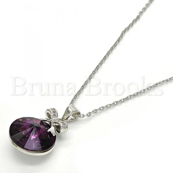 Rhodium Plated Fancy Necklace, Bow Design, with Swarovski Crystals and Micro Pave, Rhodium Tone