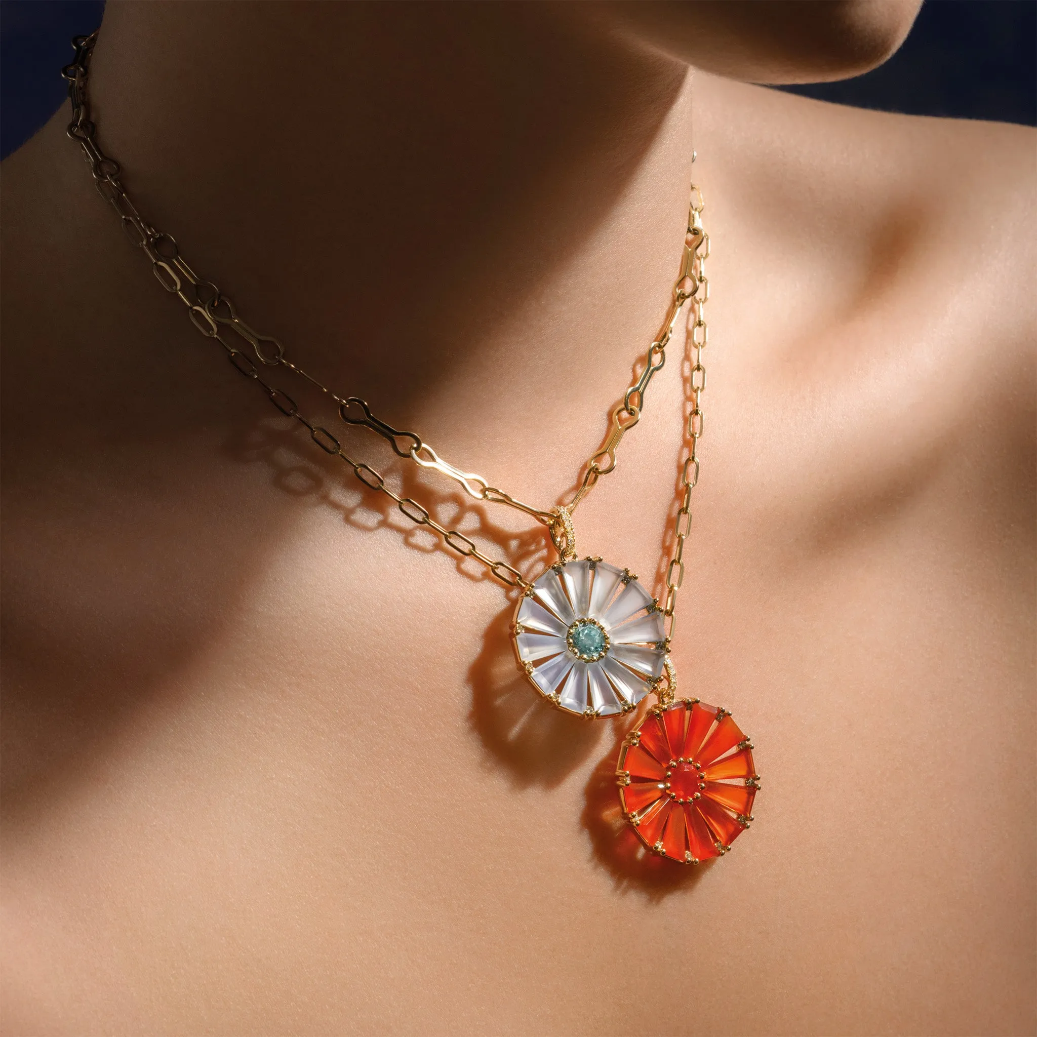 Roi Soleil Large Necklace Pendant Yellow Gold - Cornelian, Fire Opal & Diamond