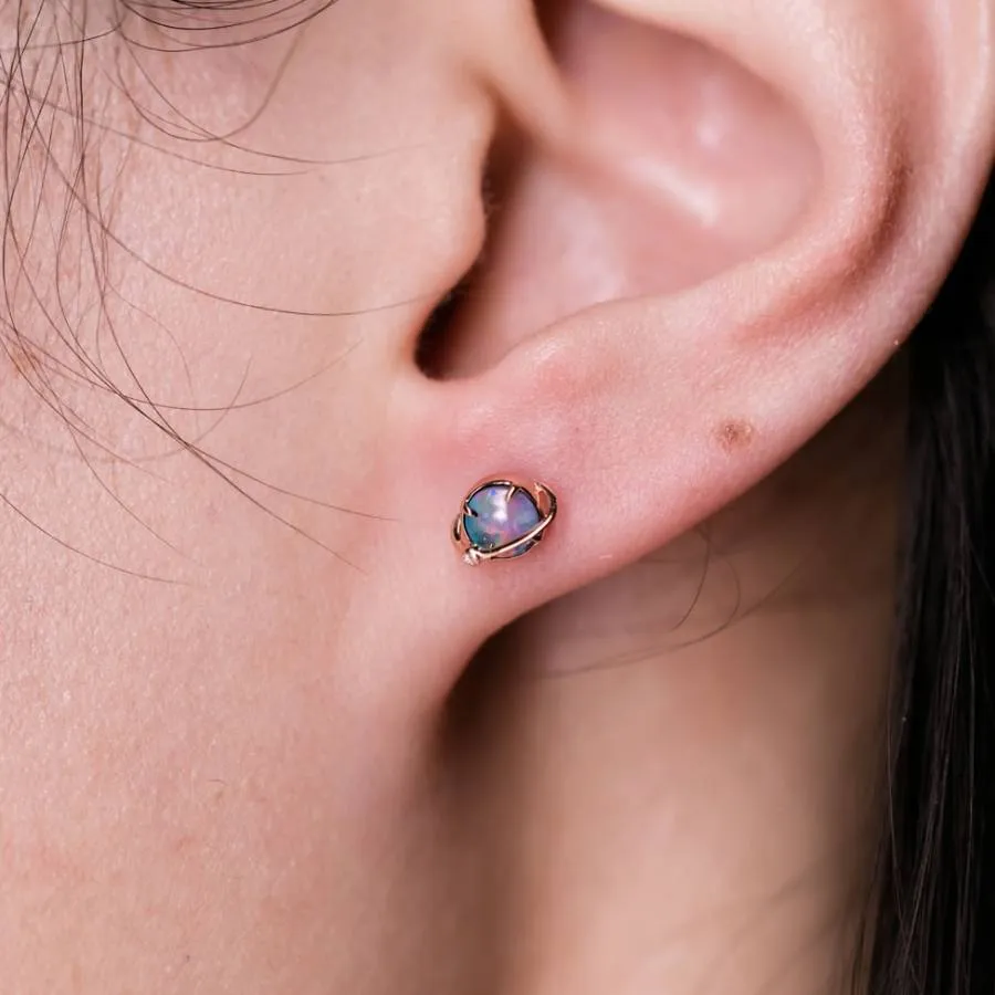 Saturn Design Doublet Opal Stud Earrings 18K Rose Gold