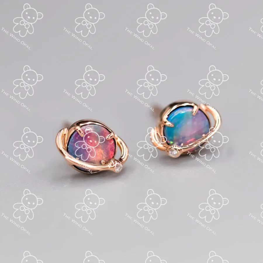Saturn Design Doublet Opal Stud Earrings 18K Rose Gold