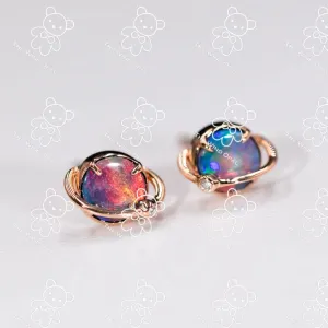 Saturn Design Doublet Opal Stud Earrings 18K Rose Gold
