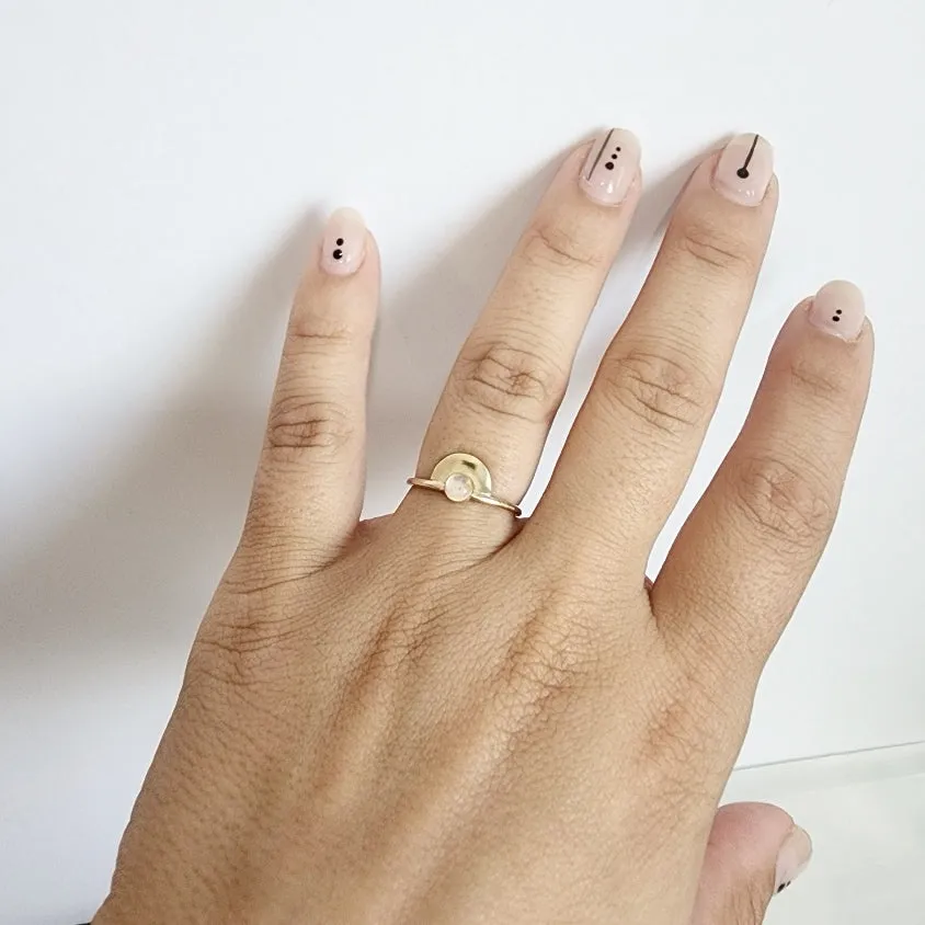 Semi Circle Gemstone Ring in 14 Karat Yellow Gold / Moonstone Size 6