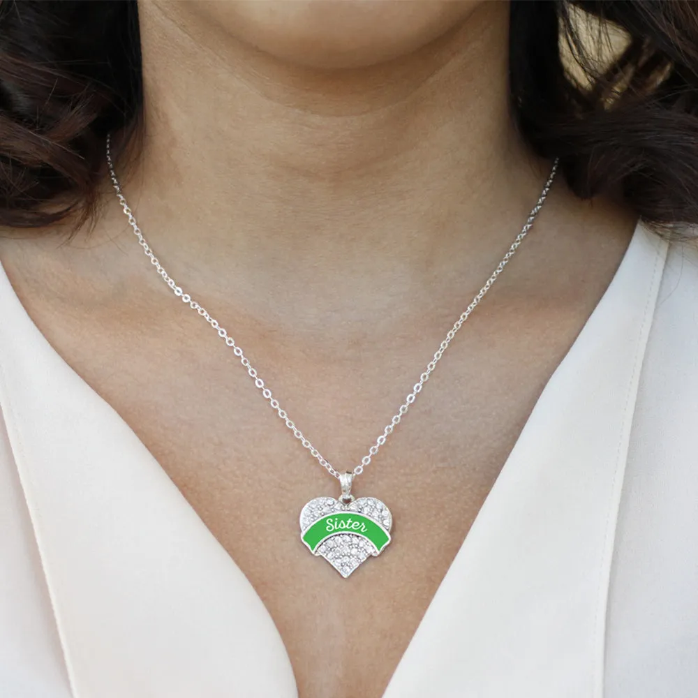 Silver Emerald Green Sister Pave Heart Charm Classic Necklace