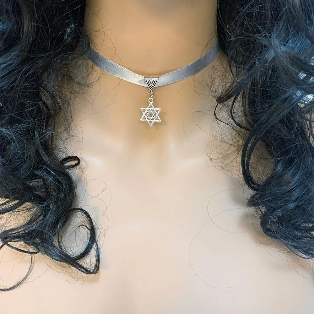 Silver Grey Ribbon Star of David Pendant Choker