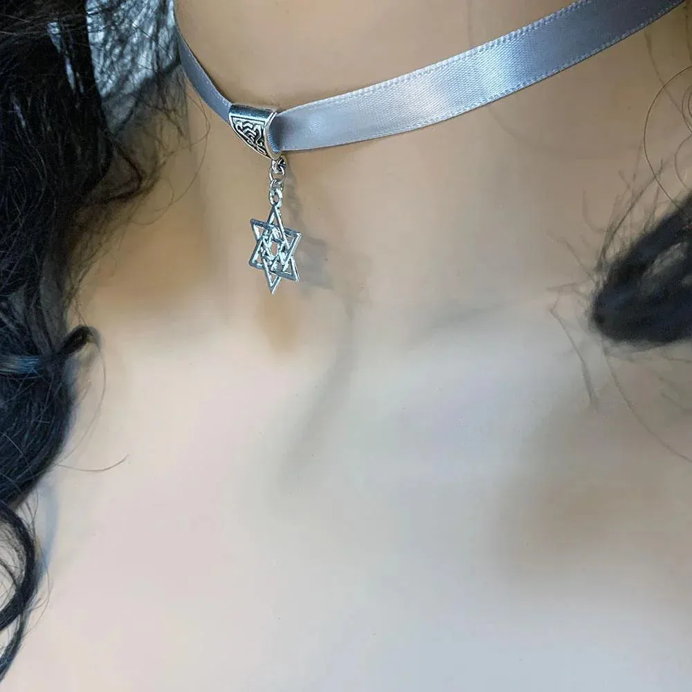 Silver Grey Ribbon Star of David Pendant Choker