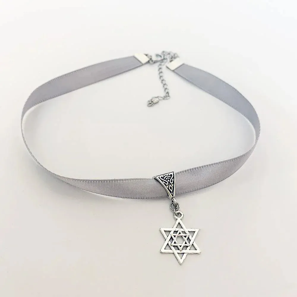 Silver Grey Ribbon Star of David Pendant Choker