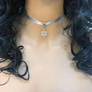 Silver Grey Ribbon Star of David Pendant Choker