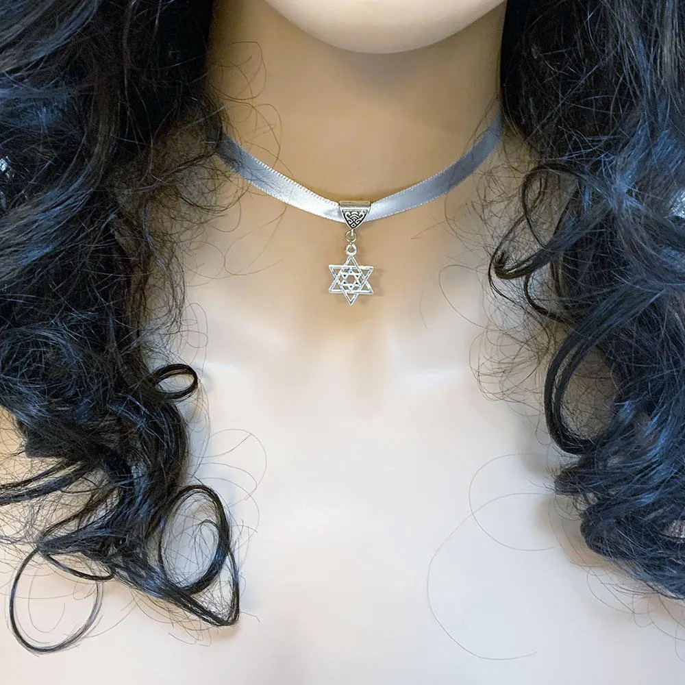 Silver Grey Ribbon Star of David Pendant Choker