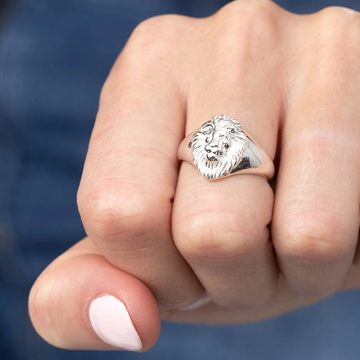 Silver Lion Head Signet Ring