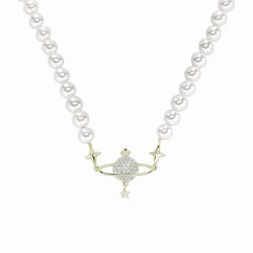 Silver or gold plated Freshwater Pearl Saturn CZ Necklace