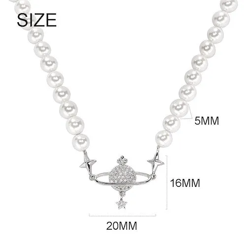 Silver or gold plated Freshwater Pearl Saturn CZ Necklace