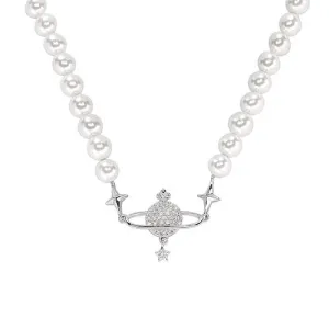 Silver or gold plated Freshwater Pearl Saturn CZ Necklace