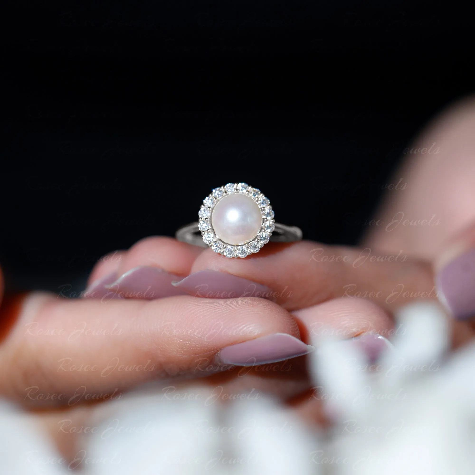 Simple Freshwater Pearl Ring with Diamond Halo