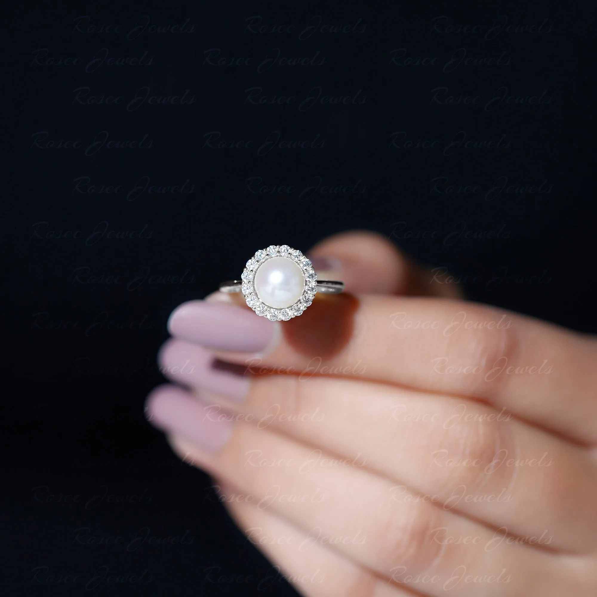 Simple Freshwater Pearl Ring with Diamond Halo