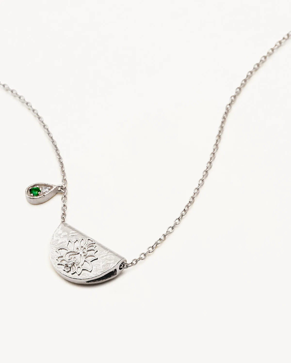 Sterling Silver Lotus Birthstone Necklace - May - Emerald