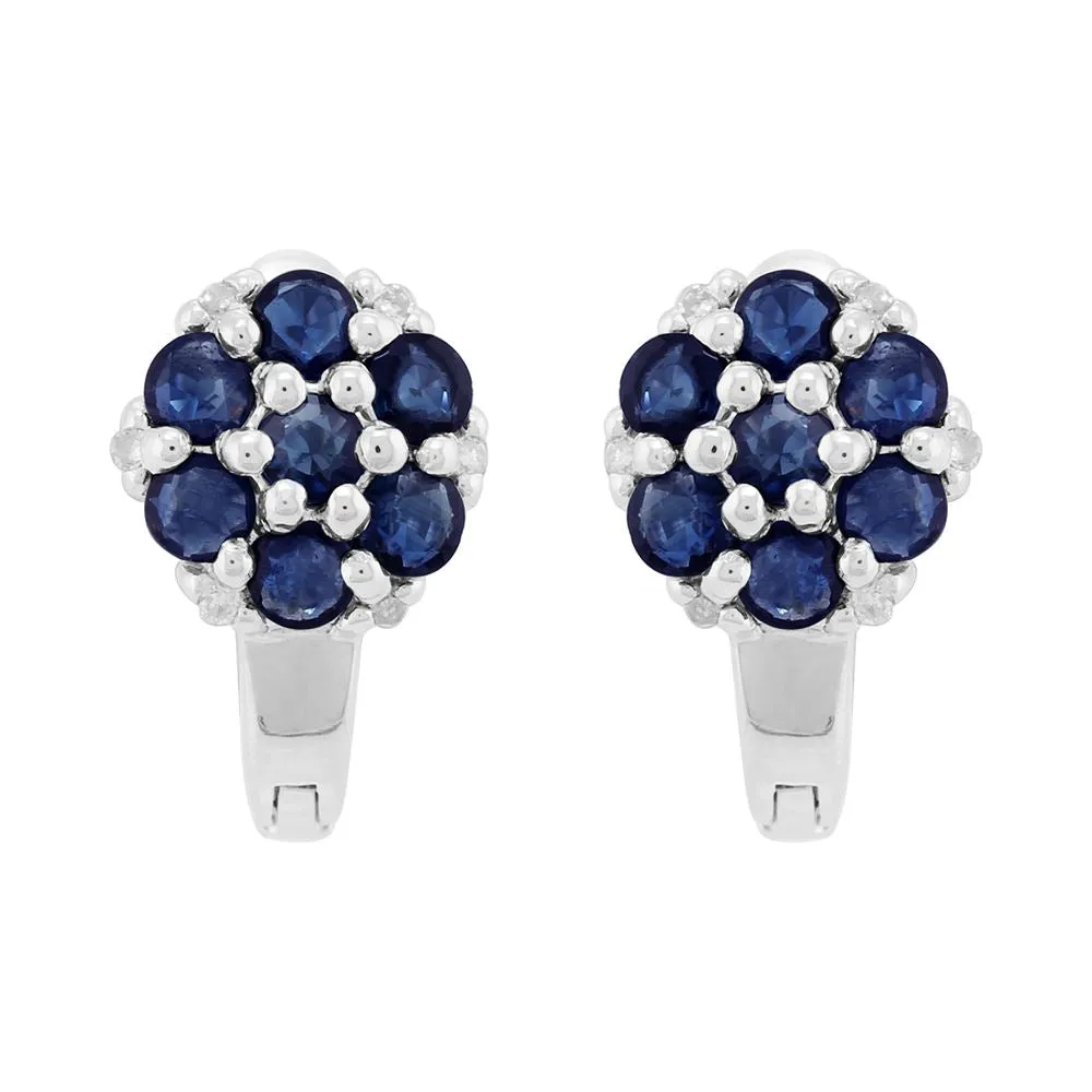 Sterlingsilber 1.55ct Natürlich Blauer Saphir & 6pt Diamant Klaster Creolen