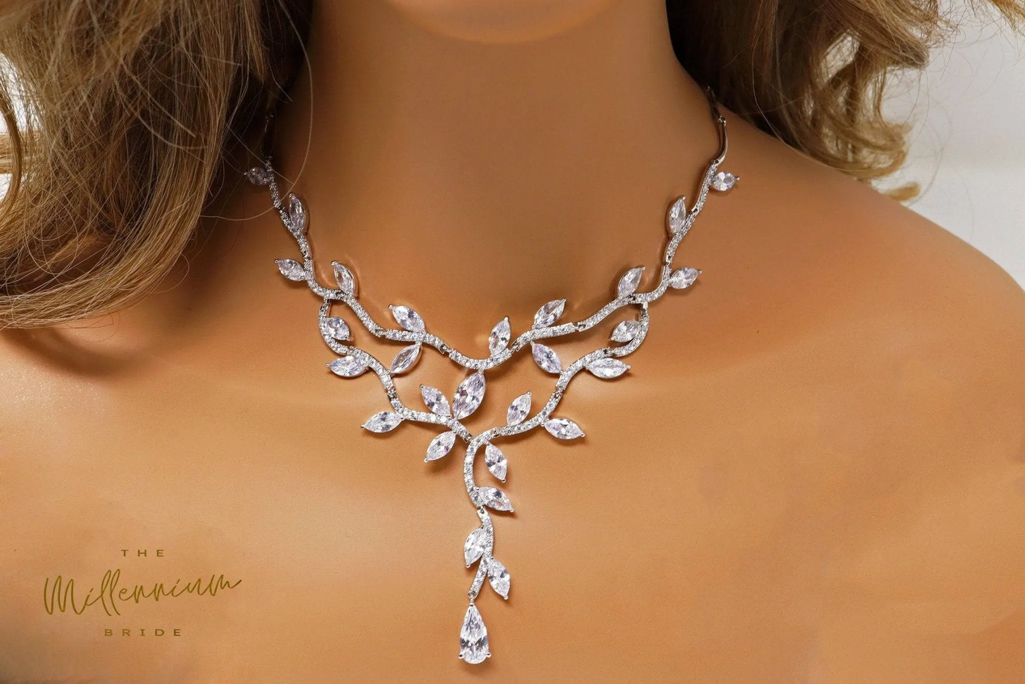Swarovski Crystal Two Vine Leaves Necklace, Long Bridal Jewelry, Bridal Earrings And Necklace, Statement Earrings Cz Necklace Set.