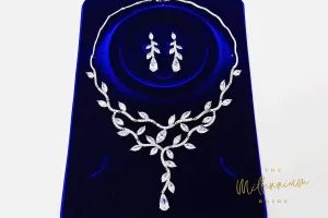 Swarovski Crystal Two Vine Leaves Necklace, Long Bridal Jewelry, Bridal Earrings And Necklace, Statement Earrings Cz Necklace Set.