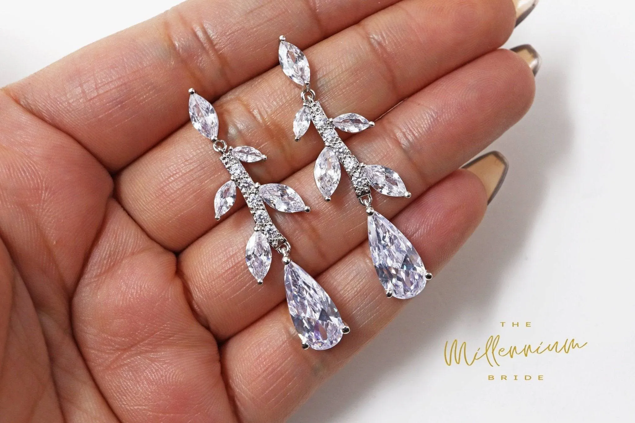 Swarovski Crystal Two Vine Leaves Necklace, Long Bridal Jewelry, Bridal Earrings And Necklace, Statement Earrings Cz Necklace Set.