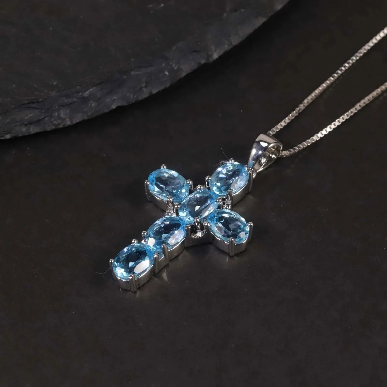 Swiss Blue Topaz Cross Pendant Necklace in 925 Sterling Silver - Irosk Australia ®
