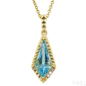Swiss Blue Topaz Pendant with Pyramid Texture and Diamond Accents on Adjustable Bead Chain