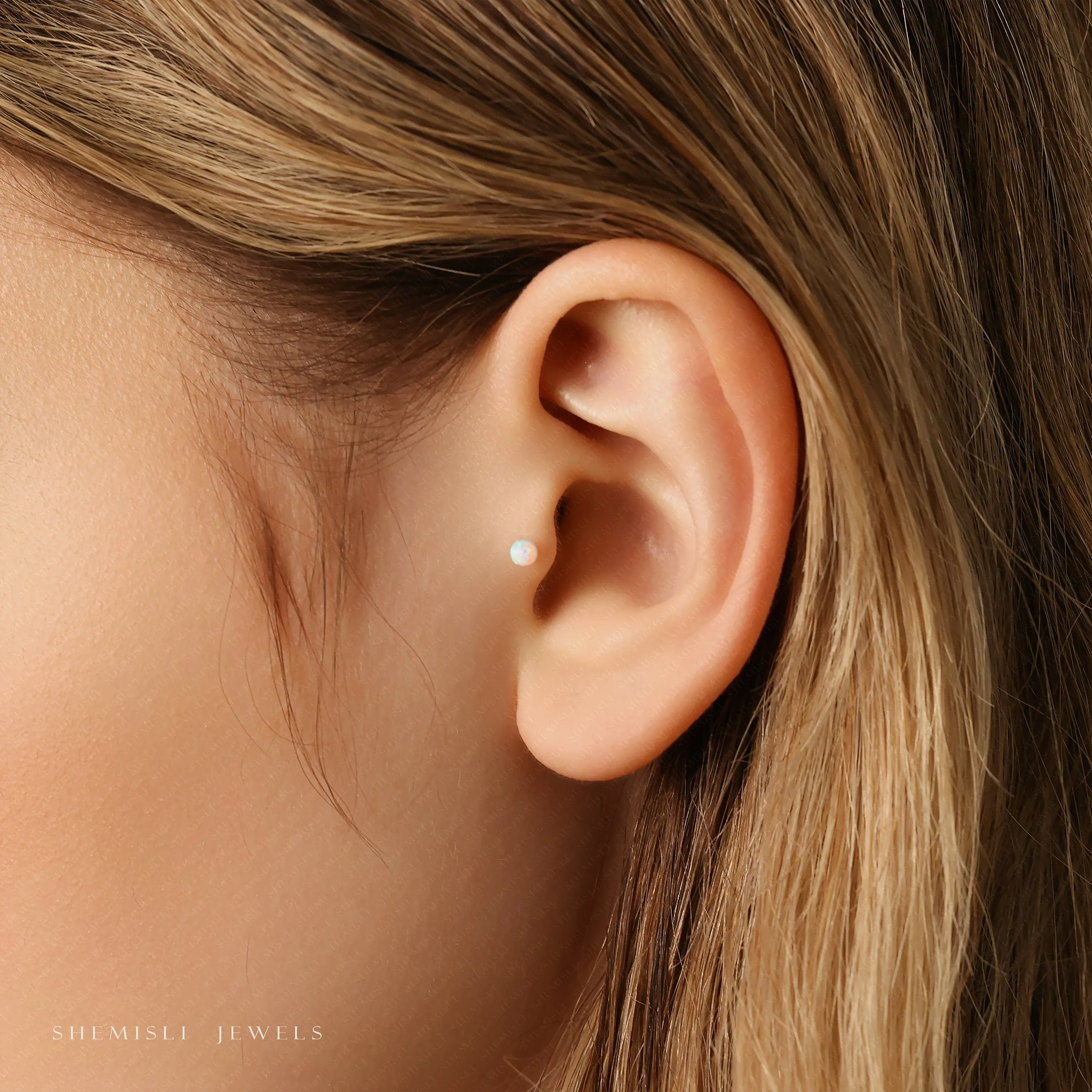 Tiny 3mm Opal Ball Threadless Flat Back Tragus Stu, 20,18,16ga, 5-10mm Unisex, Surgical Steel SHEMISLI SS587