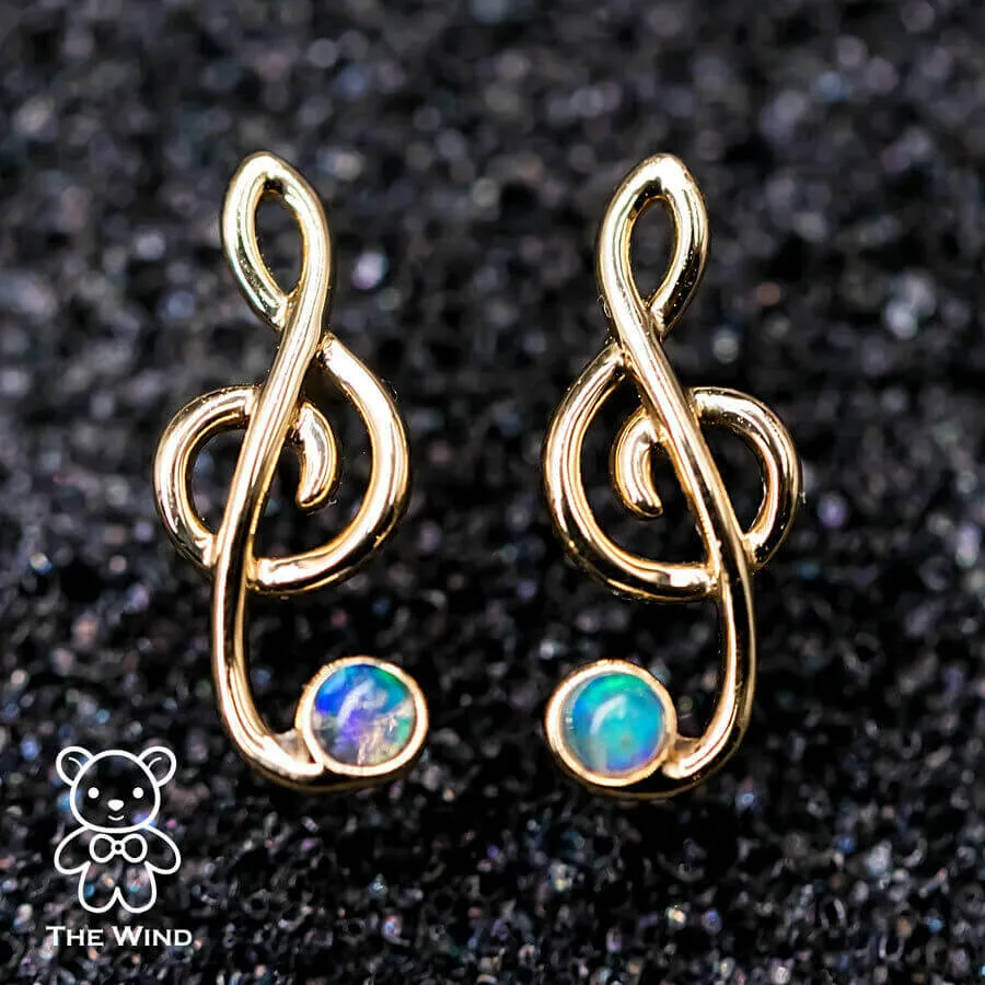 Treble Clef Musical Note Stud Earrings with Australian Solid Opal 18K Yellow Gold