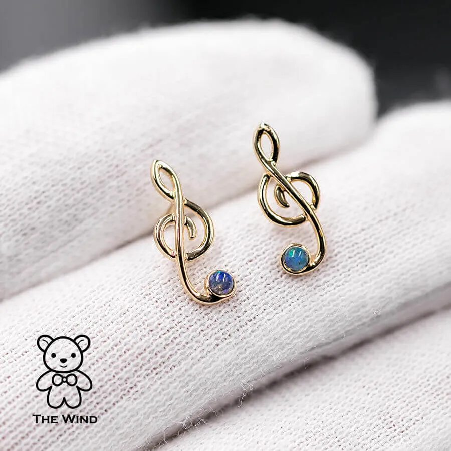 Treble Clef Musical Note Stud Earrings with Australian Solid Opal 18K Yellow Gold
