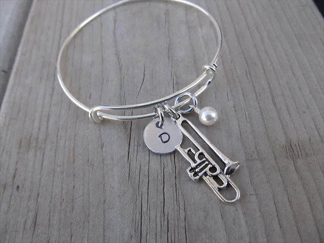 Trombone Charm Bracelet- Adjustable Bangle Bracelet with an Initial Charm and an Accent Bead of your choice