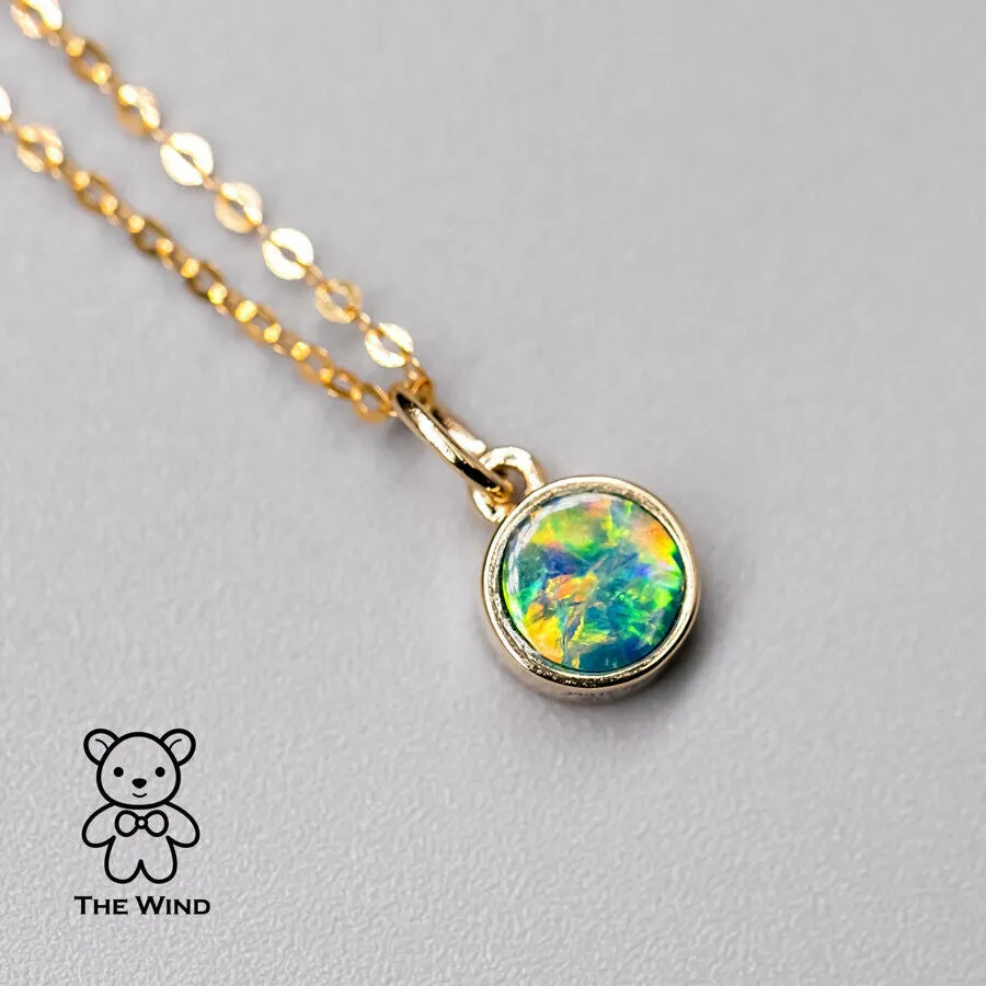 Two-Side Australian Doublet Opal & Malachite Round Pendant Necklace 14K Yellow Gold