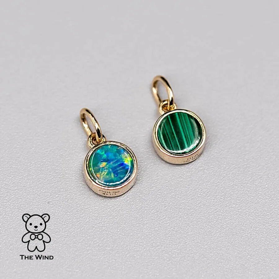 Two-Side Australian Doublet Opal & Malachite Round Pendant Necklace 14K Yellow Gold