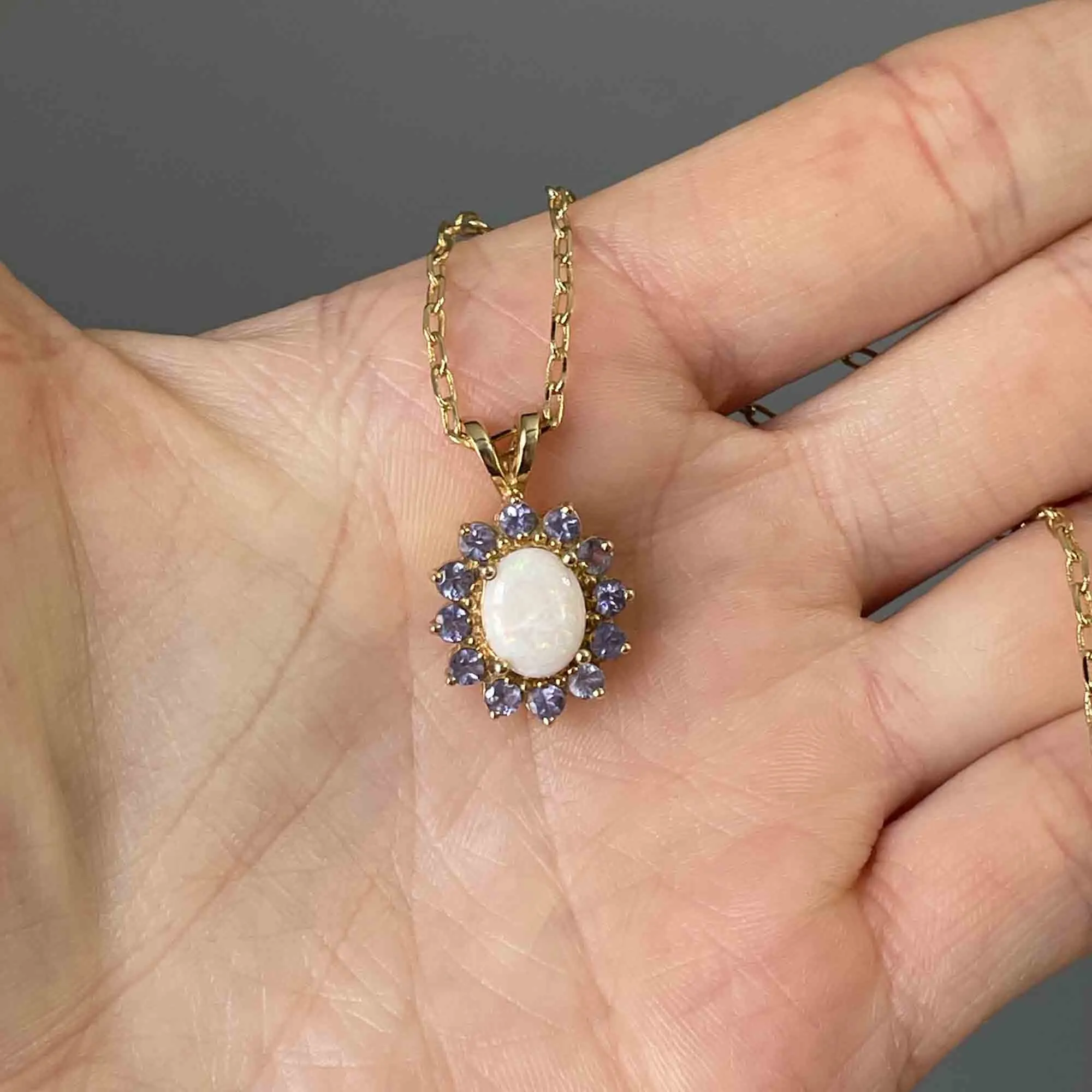 Vintage 14K Gold Opal Tanzanite Halo Pendant Necklace