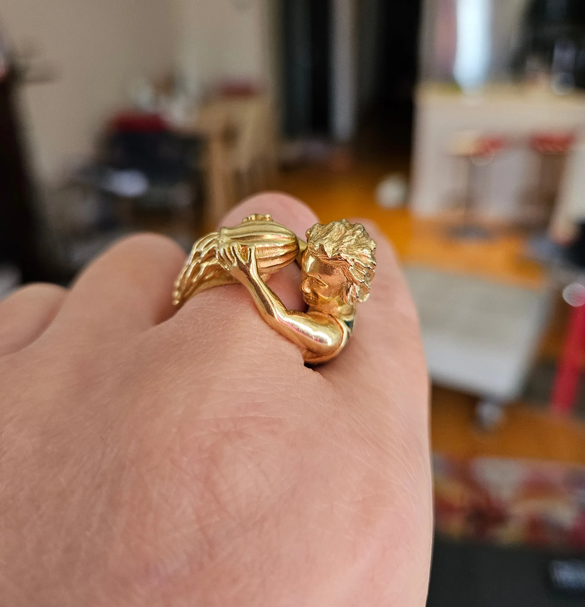Vintage David Webb’s Aquarius Zodiac 18K Yellow Gold Green Enamel Ring, 1970s
